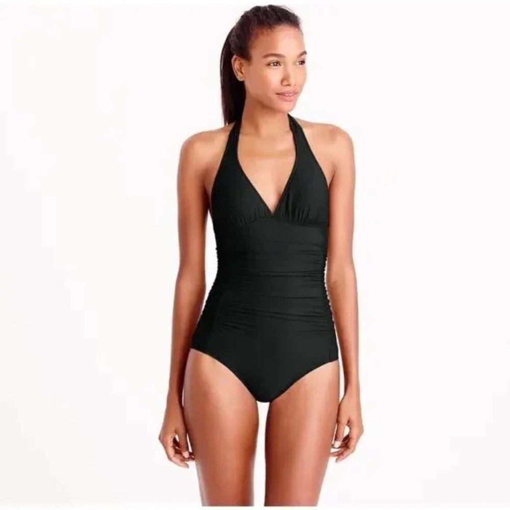 J. Crew Black Halter Ruched One-Piece Swimsuit